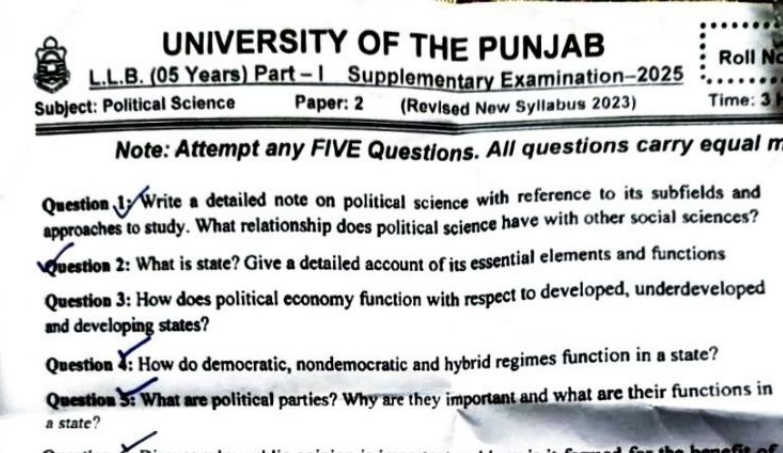 Part 1 (Annual 5 Years) Past Papers Punjab University 2025 Supply