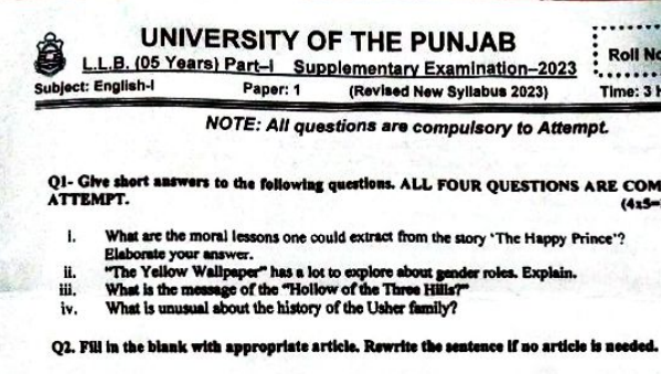 Part 1 Past Papers Punjab University 2023 Supply